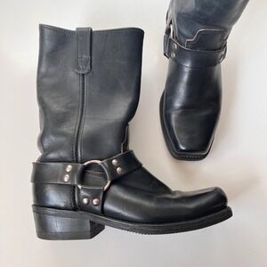 Vintage Harness Boots Black Leather Square Toe Biker Moto Engineer Western 10.5